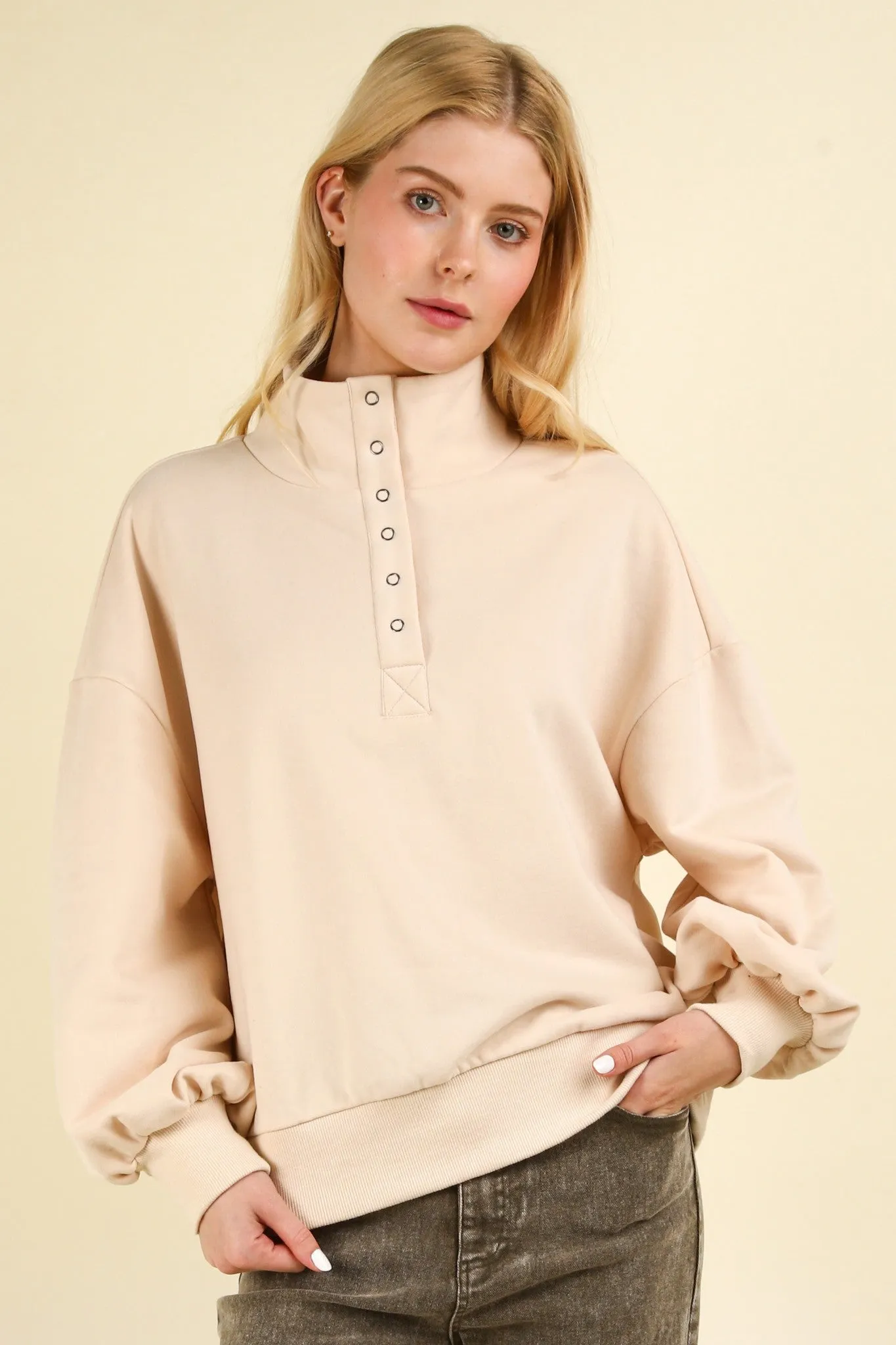Arabella- Balloon Sleeve Button Down Henley Top