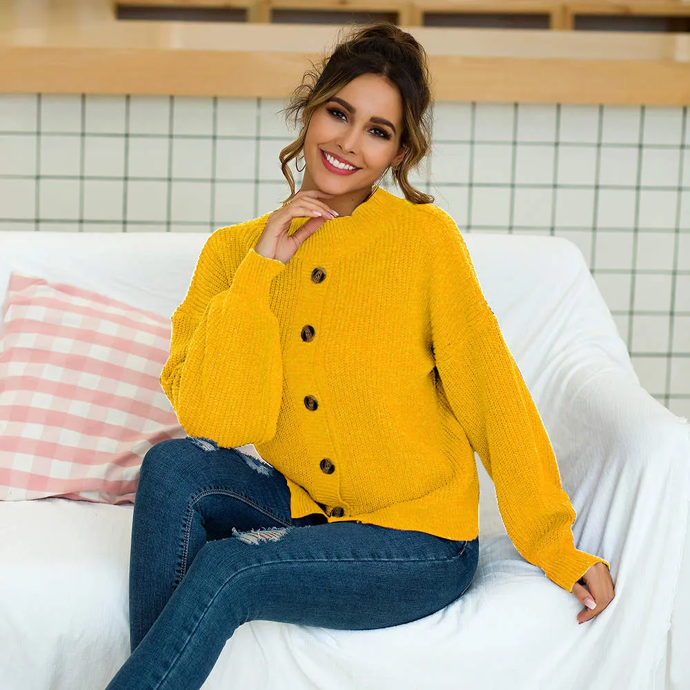 Autumn and Winter Women's Four-color Long-sleeved Button Front and Back Two-piece Pullover Sweater
