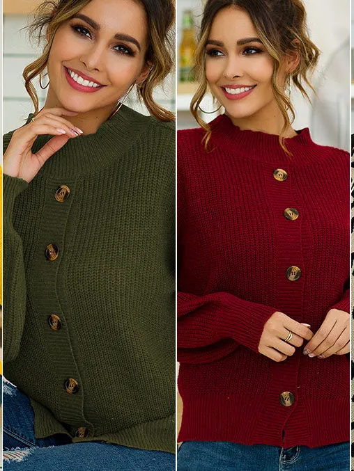 Autumn and Winter Women's Four-color Long-sleeved Button Front and Back Two-piece Pullover Sweater