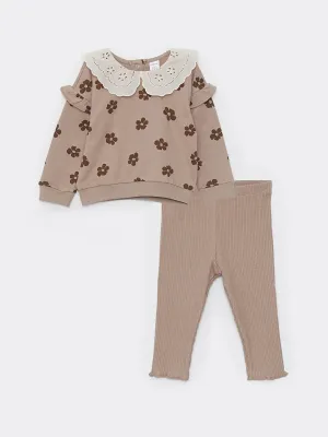 Baby Collar Long Sleeve Patterned Baby Girl Sweatshirt and Tights 2-Piece Set