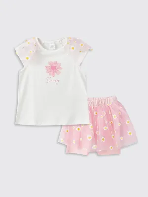Baby Girl Floral Patterned T-Shirt and Shorts and Skirt 2-Piece Set
