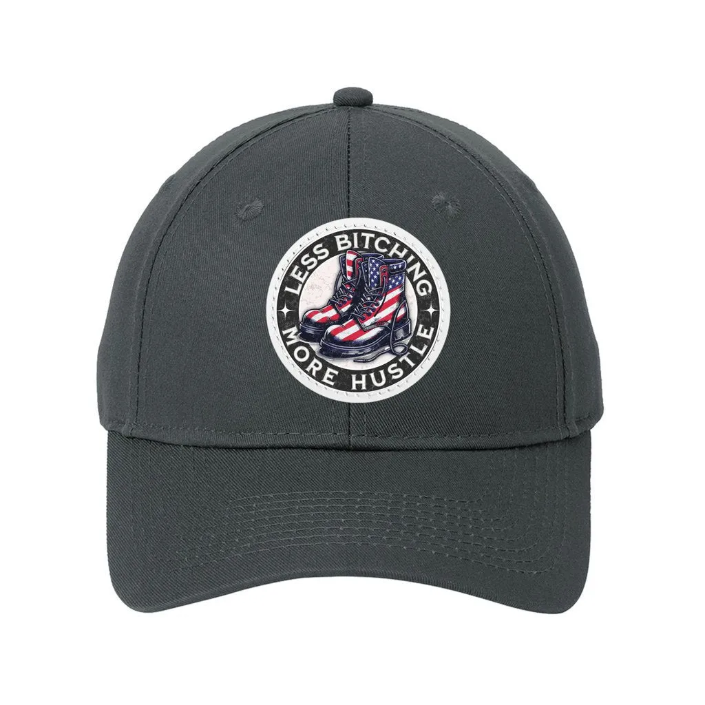 Baseball Cap Six Panel Twill with Round Leather Patch :Less Bitching more Hustle