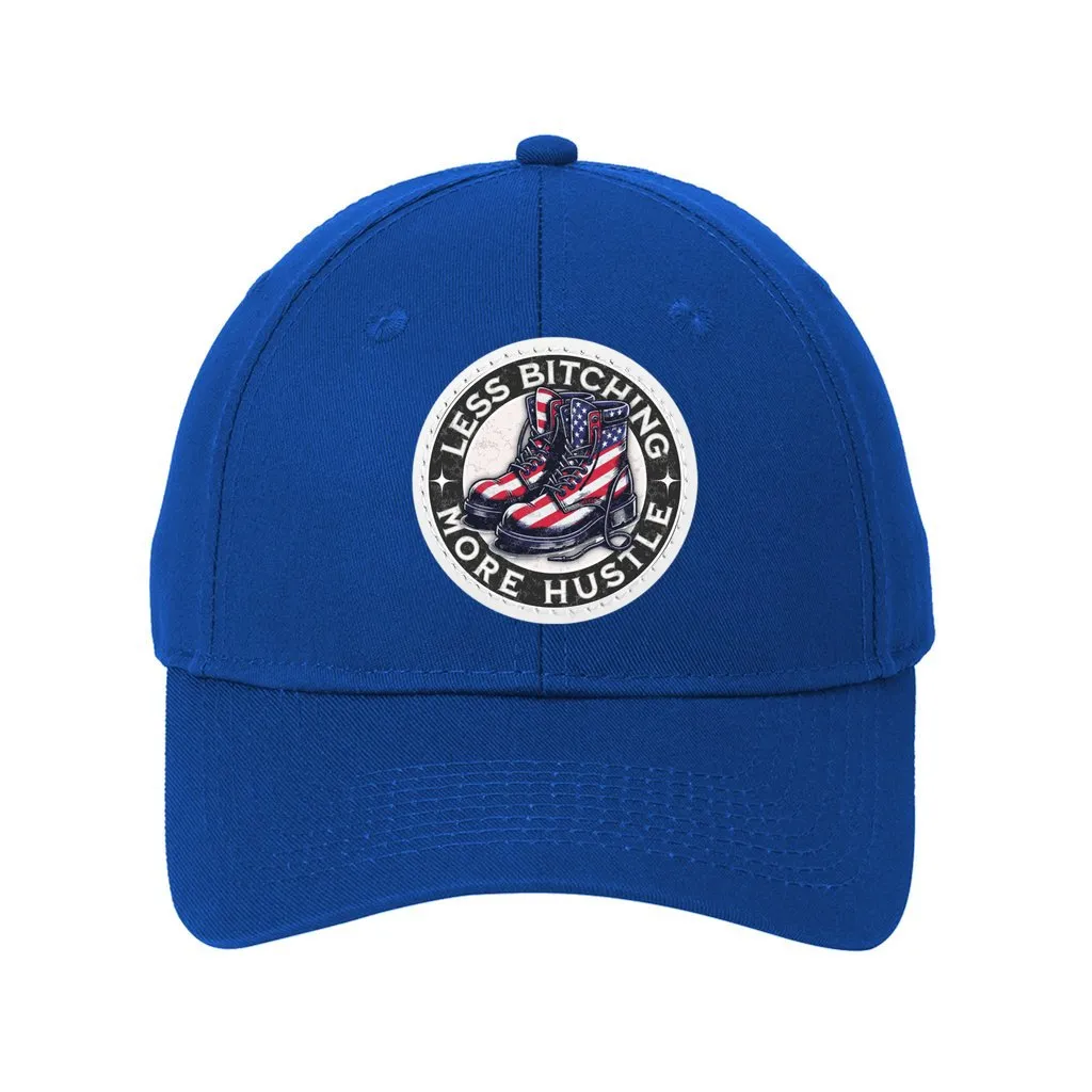 Baseball Cap Six Panel Twill with Round Leather Patch :Less Bitching more Hustle