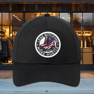 Baseball Cap Six Panel Twill with Round Leather Patch :Less Bitching more Hustle