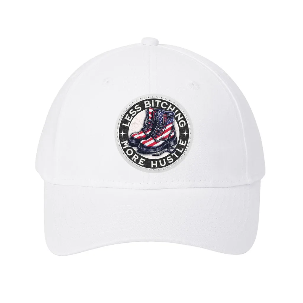 Baseball Cap Six Panel Twill with Round Leather Patch :Less Bitching more Hustle