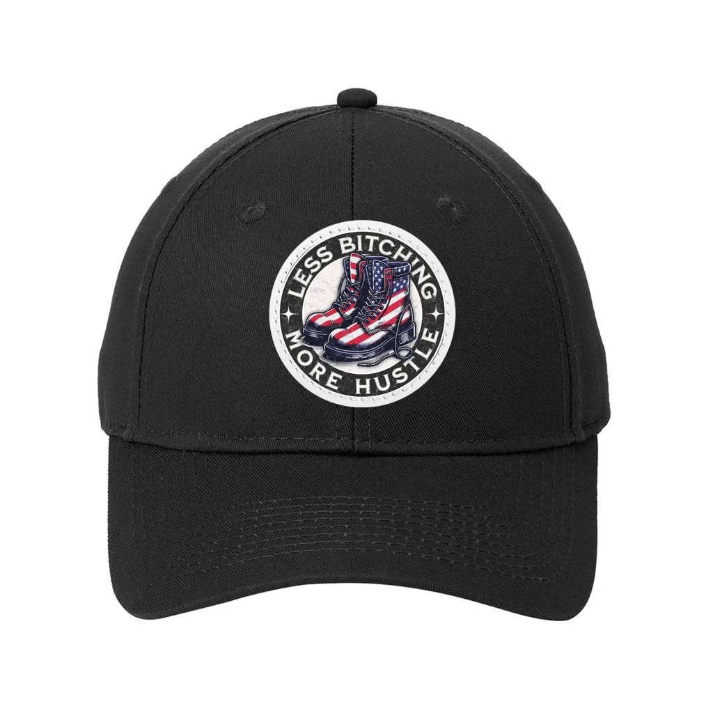 Baseball Cap Six Panel Twill with Round Leather Patch :Less Bitching more Hustle
