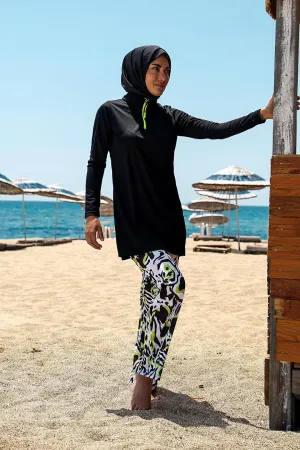 Black Patterned Fully Covered Hijab Swimsuit R1116