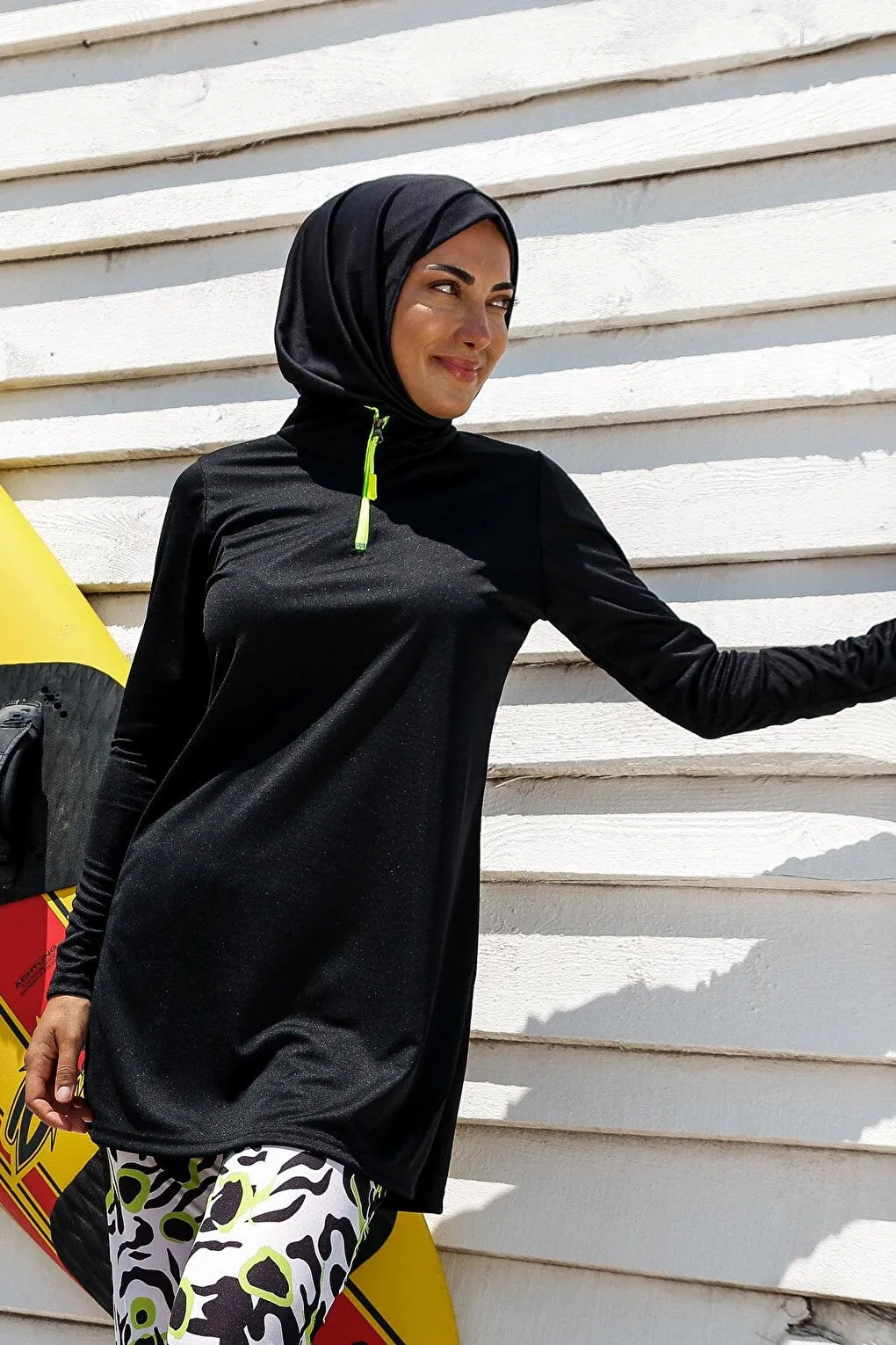 Black Patterned Fully Covered Hijab Swimsuit R1116