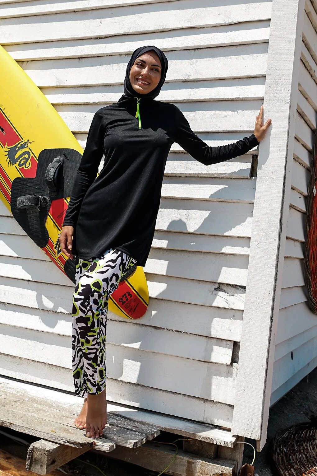 Black Patterned Fully Covered Hijab Swimsuit R1116