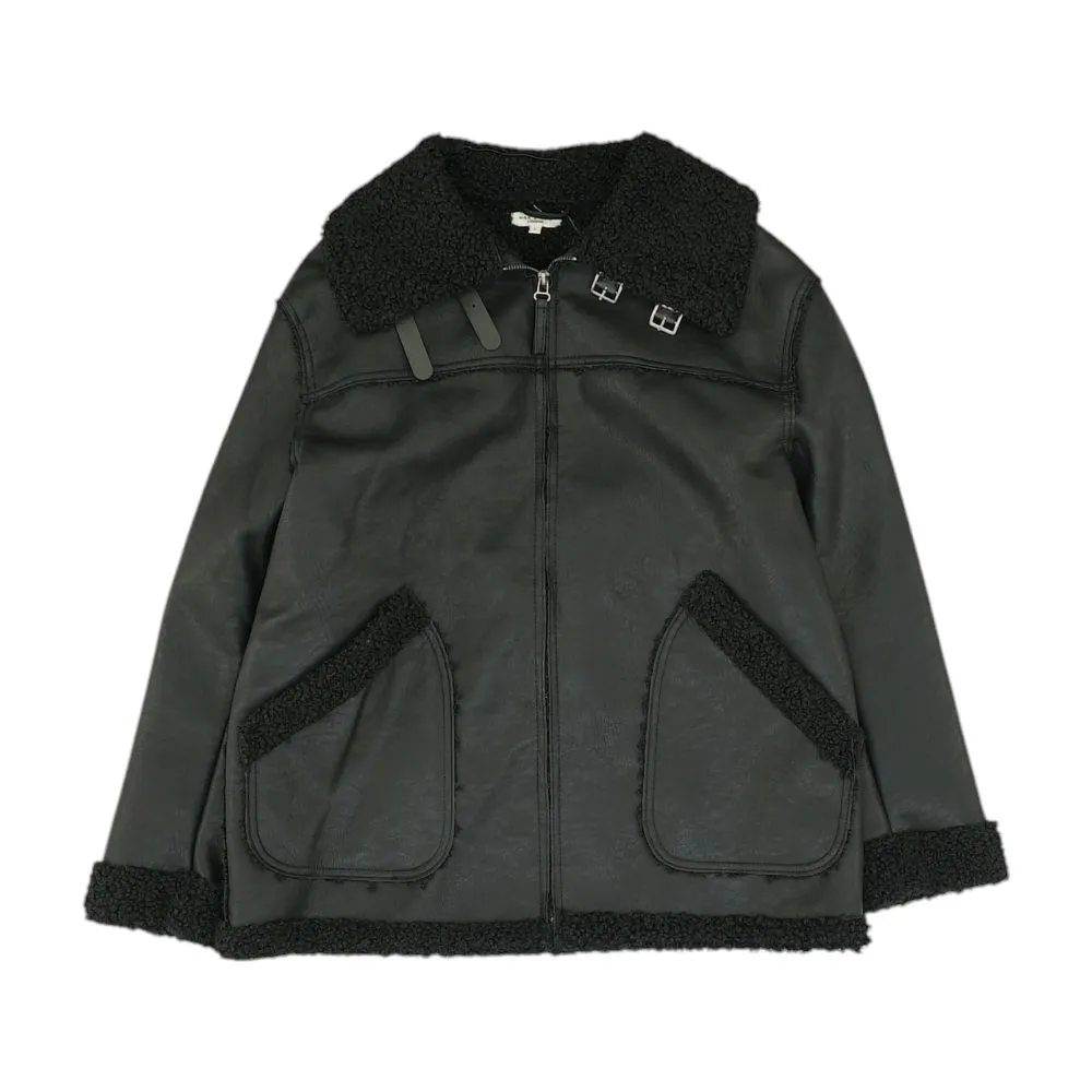 Black Solid Faux Leather Coat
