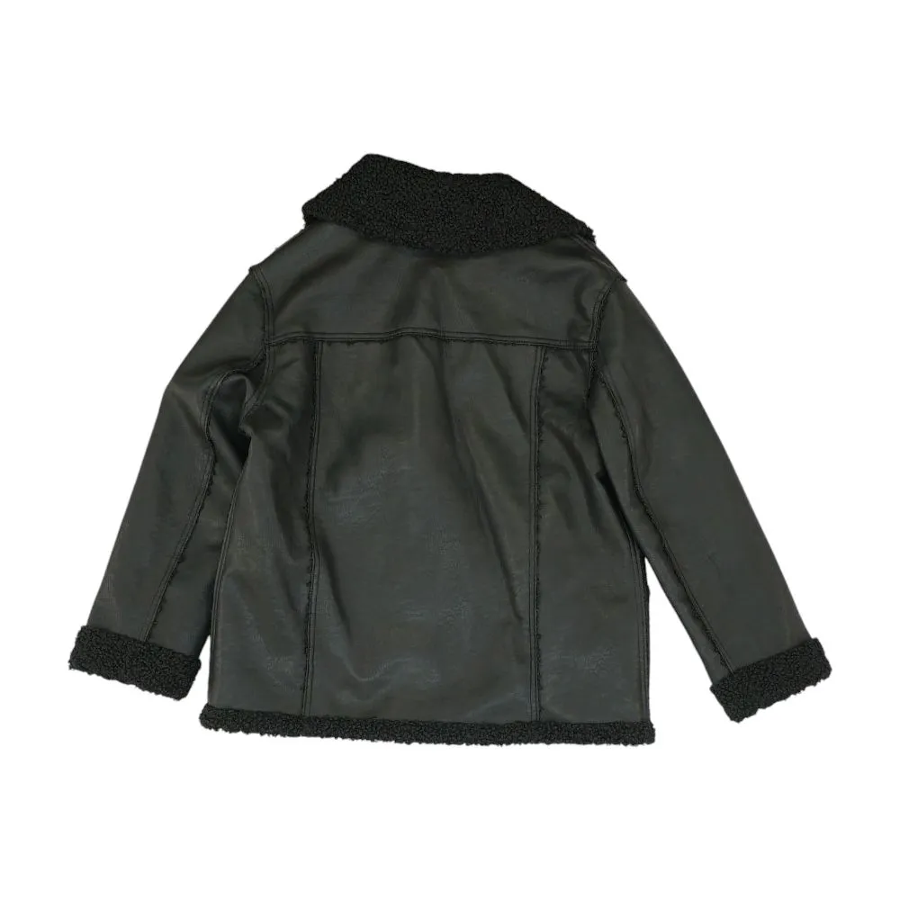 Black Solid Faux Leather Coat