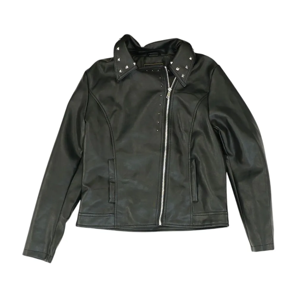 Black Solid Faux Leather Jacket