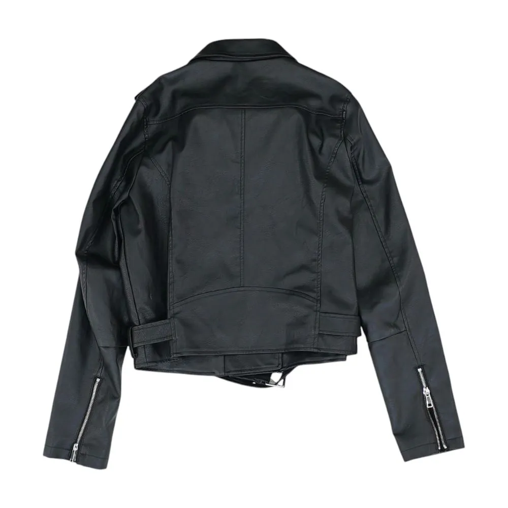 Black Solid Faux Leather Jacket
