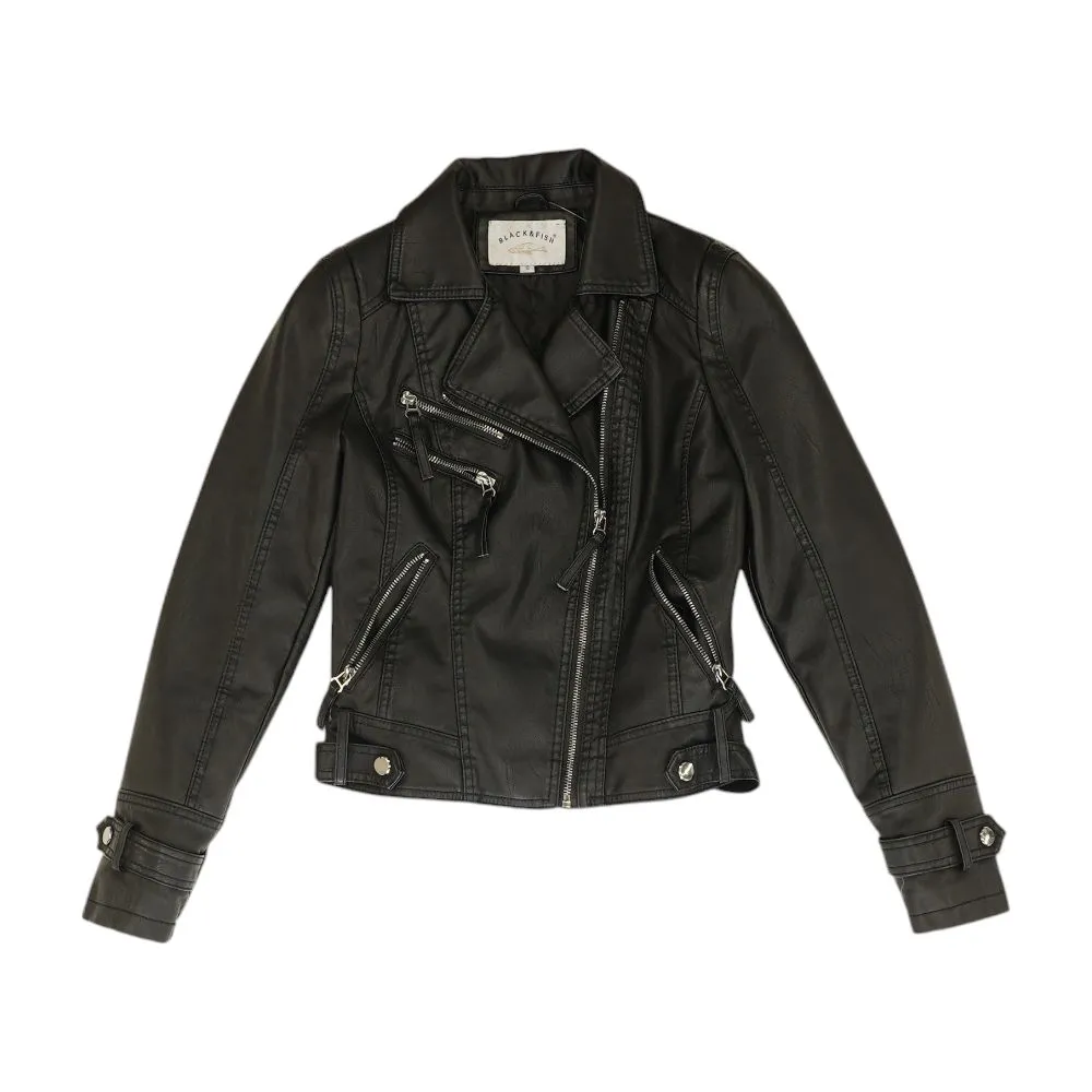 Black Solid Faux Leather Jacket