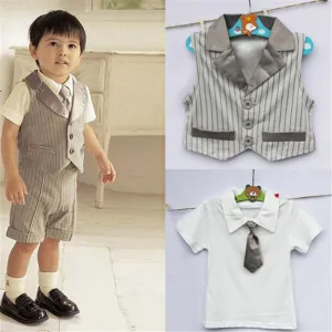 Boys Kids Gentleman Set 4pcs T Shirt Vest Tie Pant Outfits Baby Clothes Age 0-3Y NW