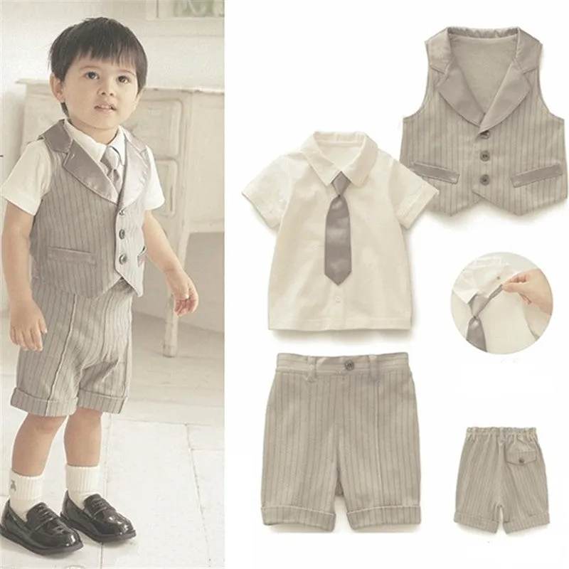 Boys Kids Gentleman Set 4pcs T Shirt Vest Tie Pant Outfits Baby Clothes Age 0-3Y NW