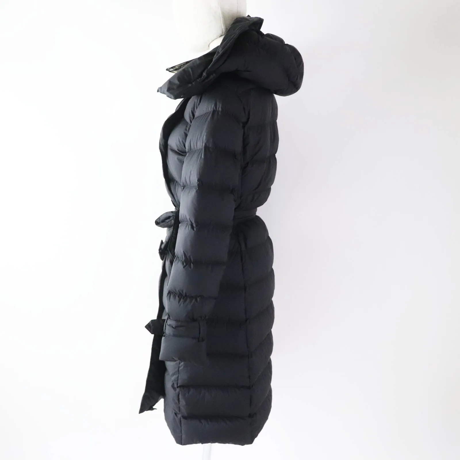 Burberry Nylon Belted Hooded Down Coat Black S