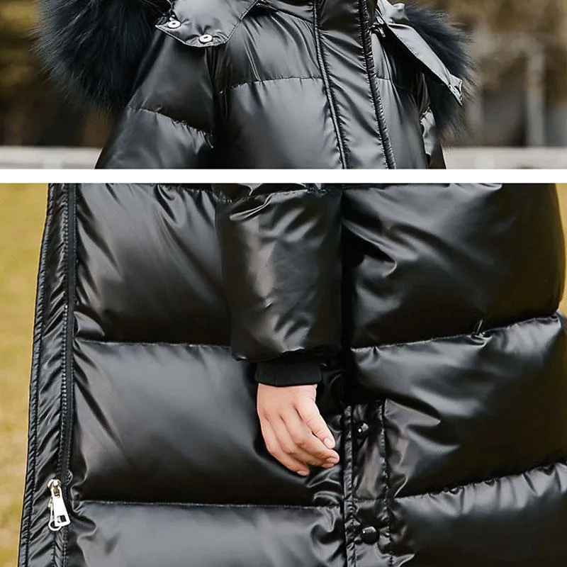 Children's Down Jacket Girls Mid-length Thickened Over The Knee Warm Down Jacket with Fur Collar