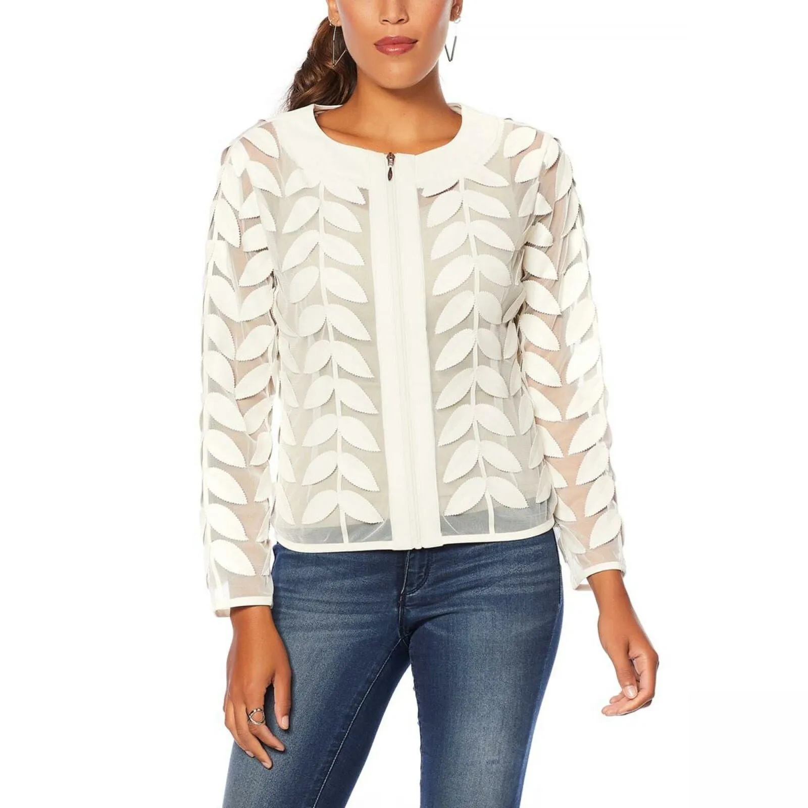 Colleen Lopez Women's Plus Size Modern Mesh Faux Leather Leaf Jacket