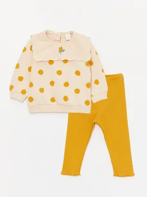 Crew Neck Long Sleeve Patterned Baby Girl Sweatshirt and Tights 2-Piece Set