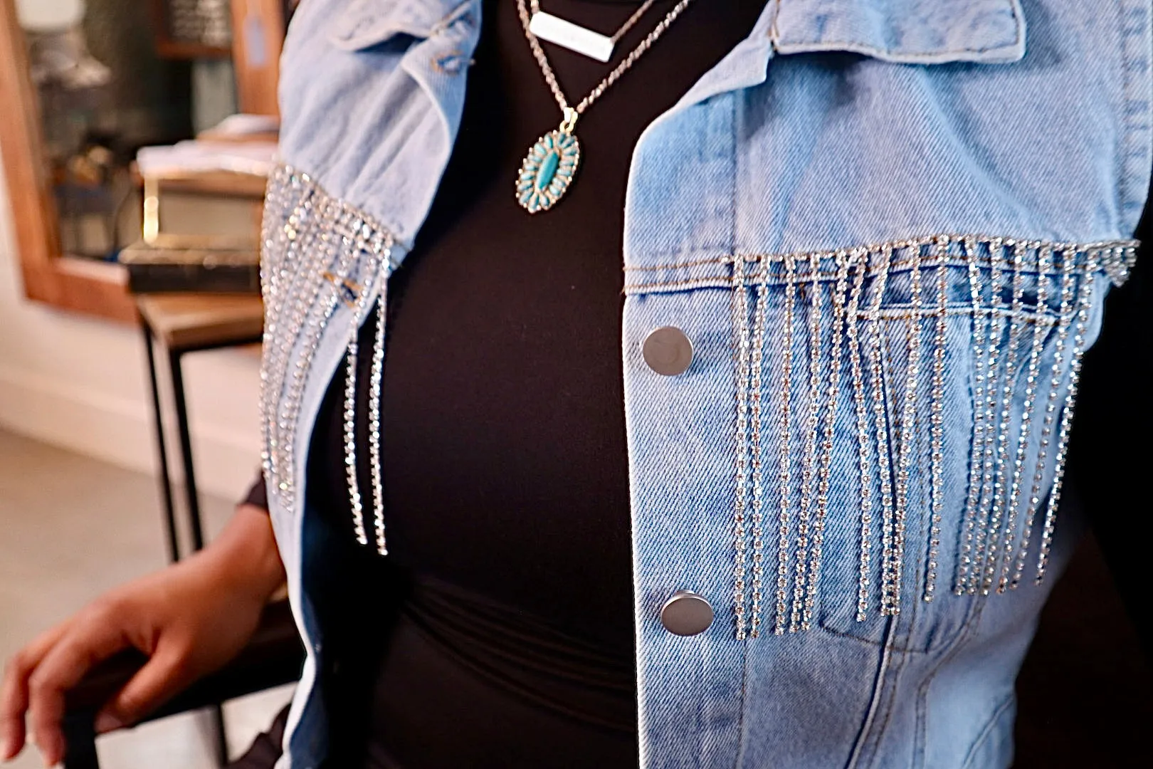 Crop Denim Vest With Rhinestone Fringe
