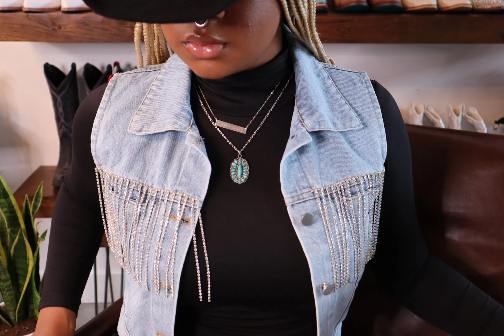 Crop Denim Vest With Rhinestone Fringe
