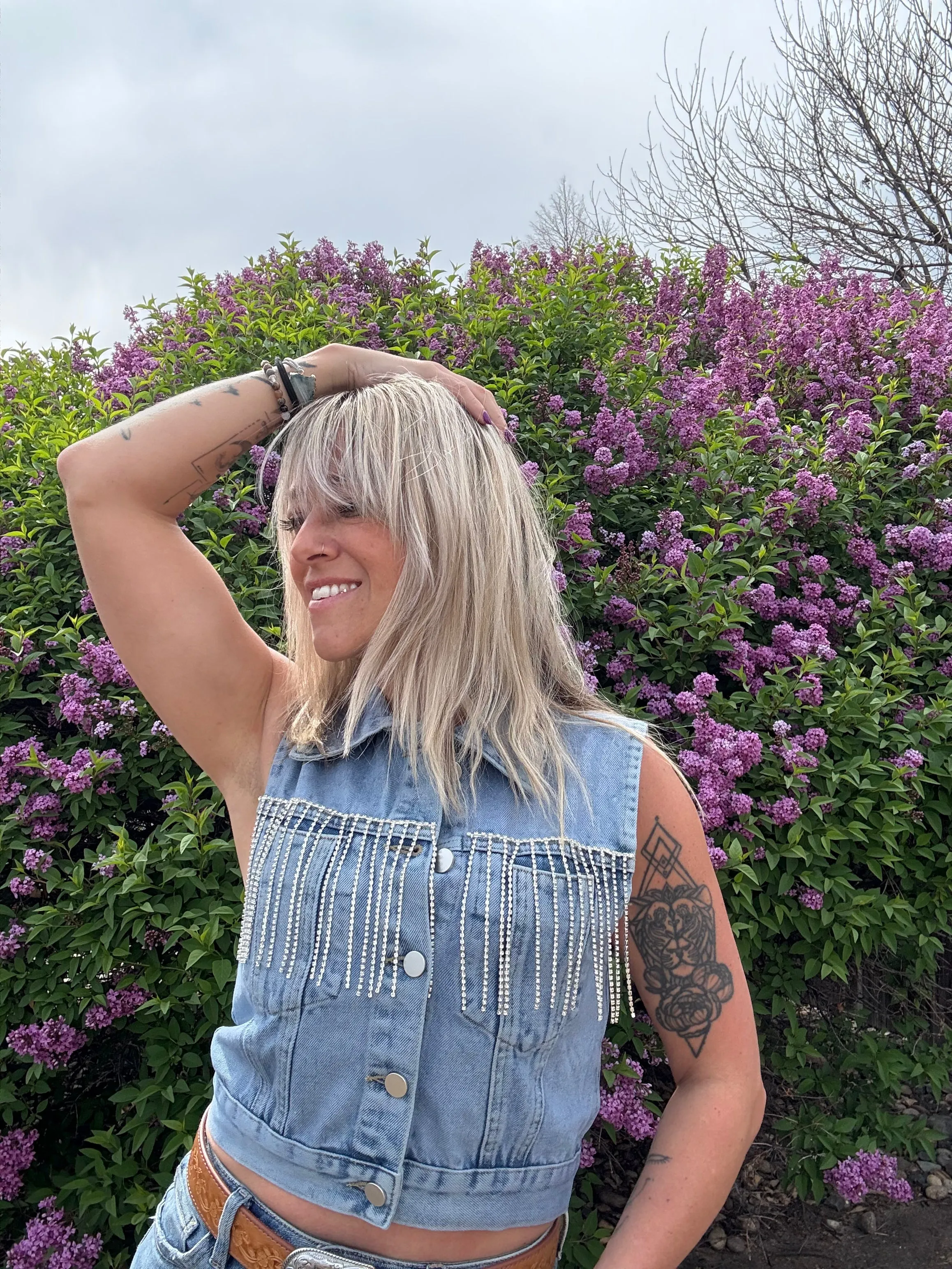 Crop Denim Vest With Rhinestone Fringe