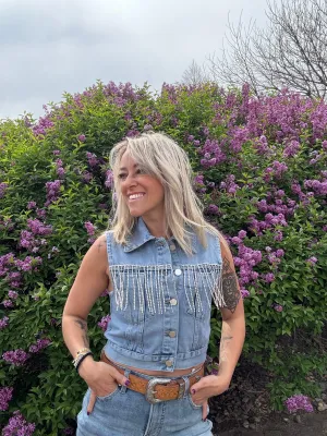 Crop Denim Vest With Rhinestone Fringe