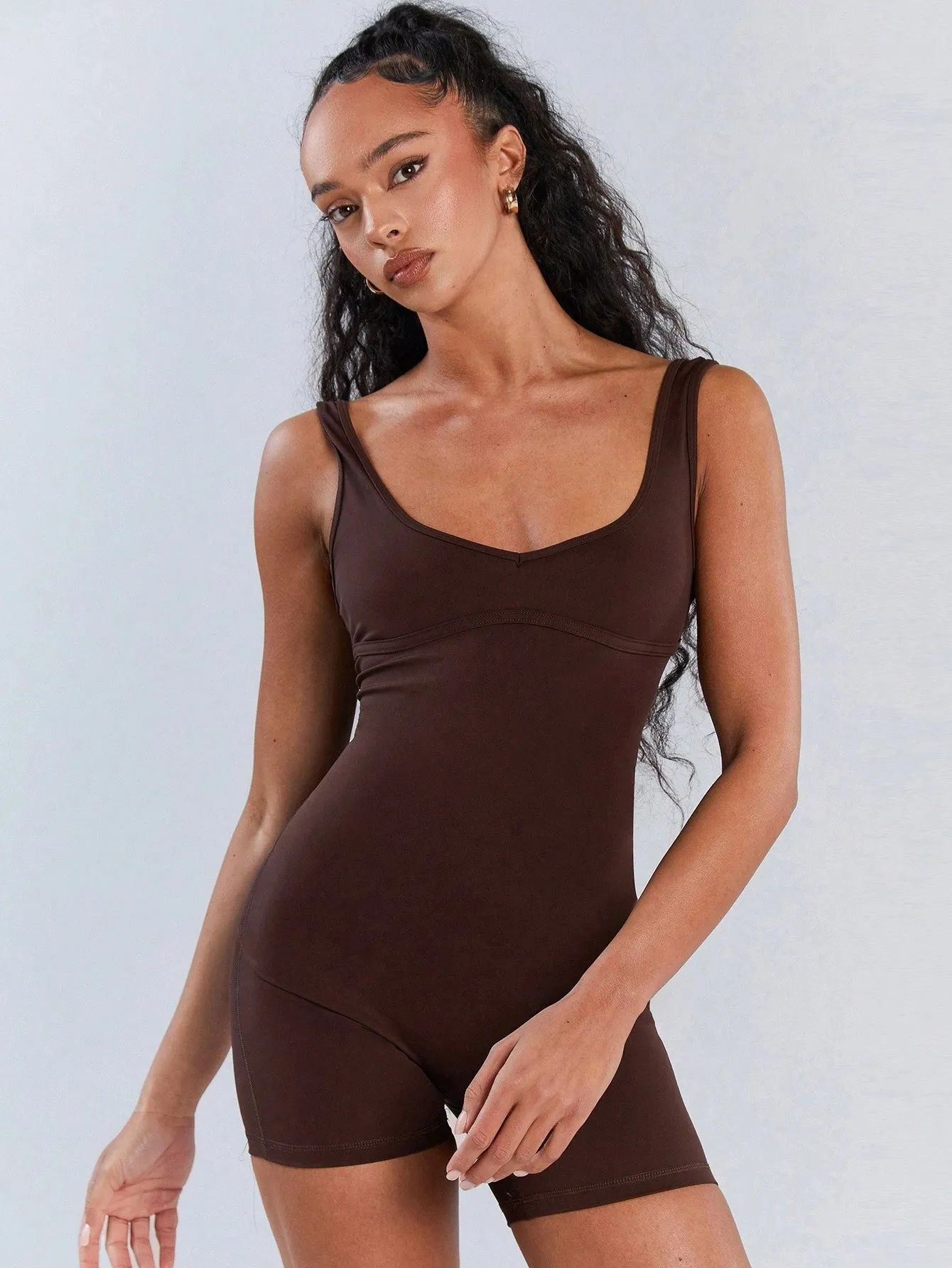 Dark Brown Minimalist Unitard – Sleek & Stylish Everyday Jumpsuit