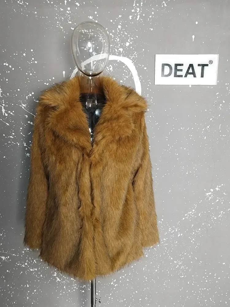 DEAT Fashion Leopard Faux Fur Coat Women's Lapel Loose Long Sleeves Thick Warm Plush Jacket Winter 2024 New Tide 7AB6399