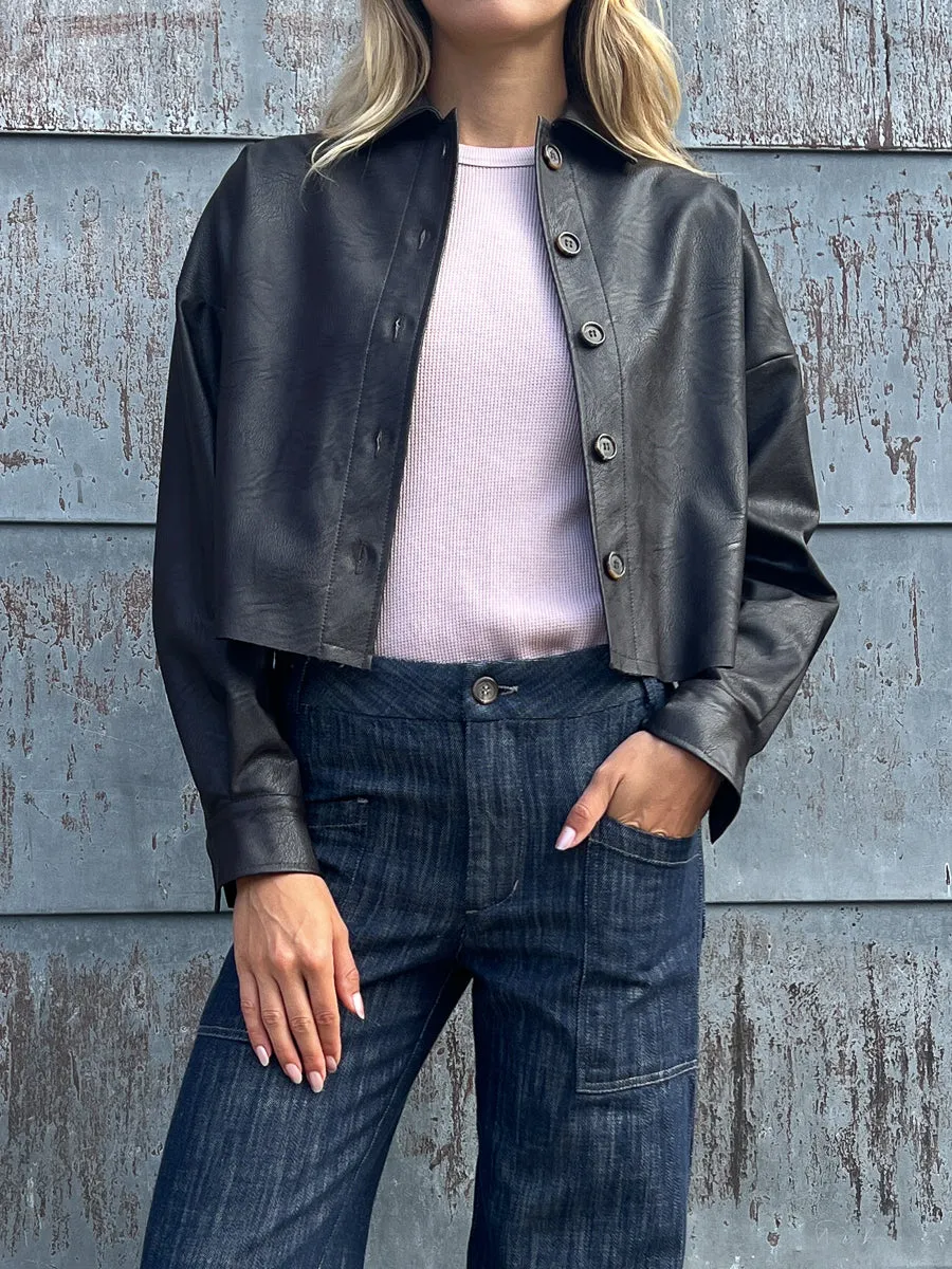 Esme Crop Shirt in Vegan Leather - Espresso