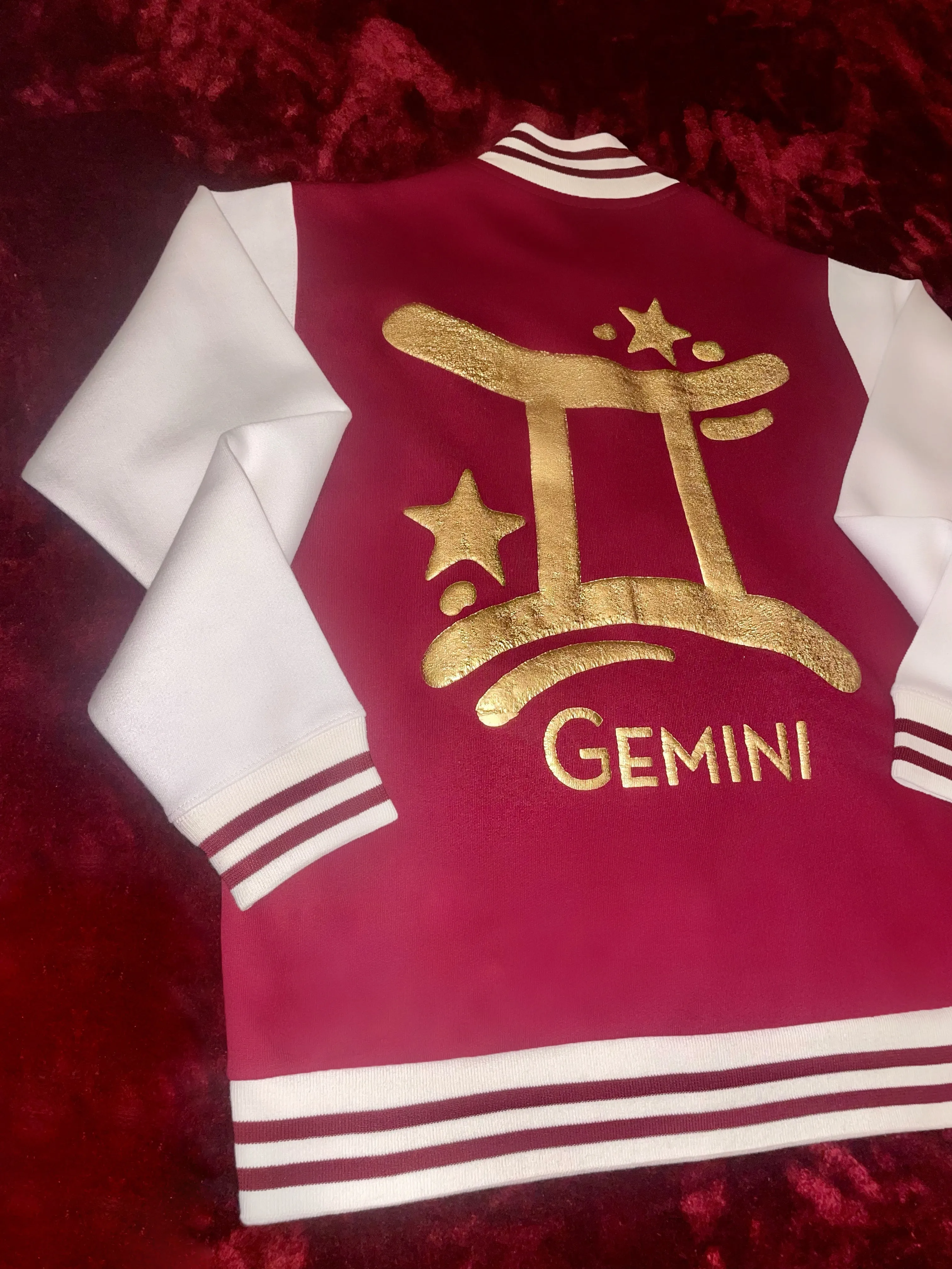 Fallon Aurielle Unisex Signature Gemini Logo & Name Zodiac Jacket (Burgundy, Antique Gold & Cream)