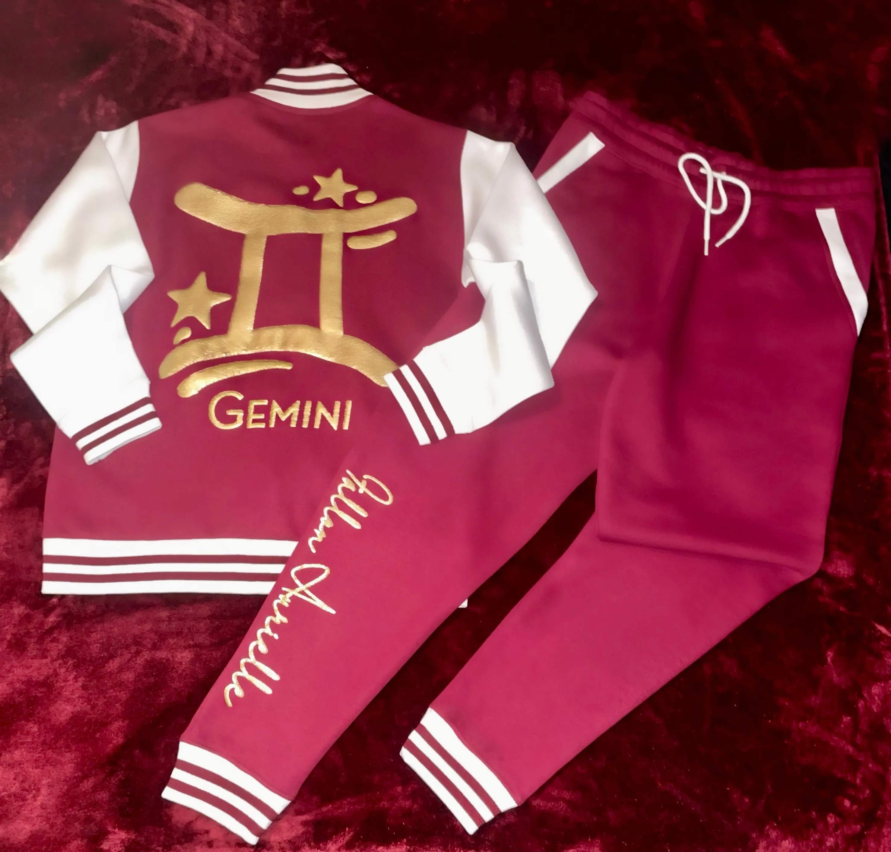 Fallon Aurielle Unisex Signature Gemini Logo & Name Zodiac Jacket (Burgundy, Antique Gold & Cream)