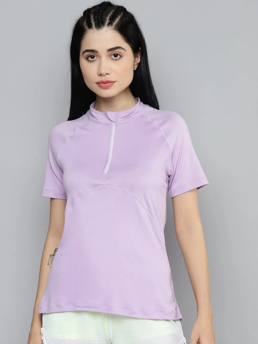Fitkin Women Lavender Solid Front Zipper High Neck T-shirt