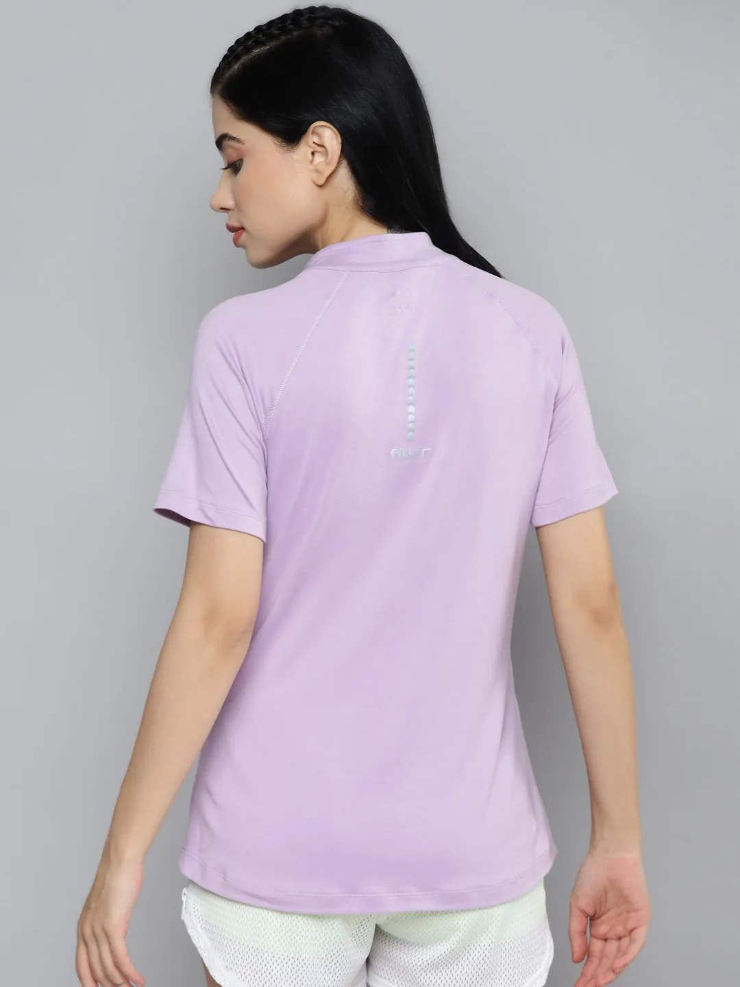 Fitkin Women Lavender Solid Front Zipper High Neck T-shirt