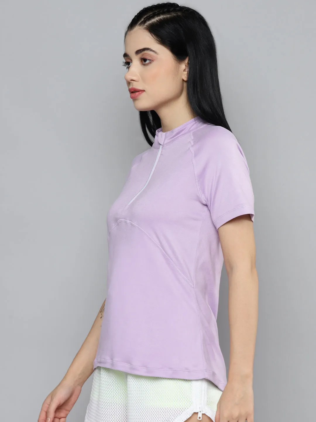 Fitkin Women Lavender Solid Front Zipper High Neck T-shirt