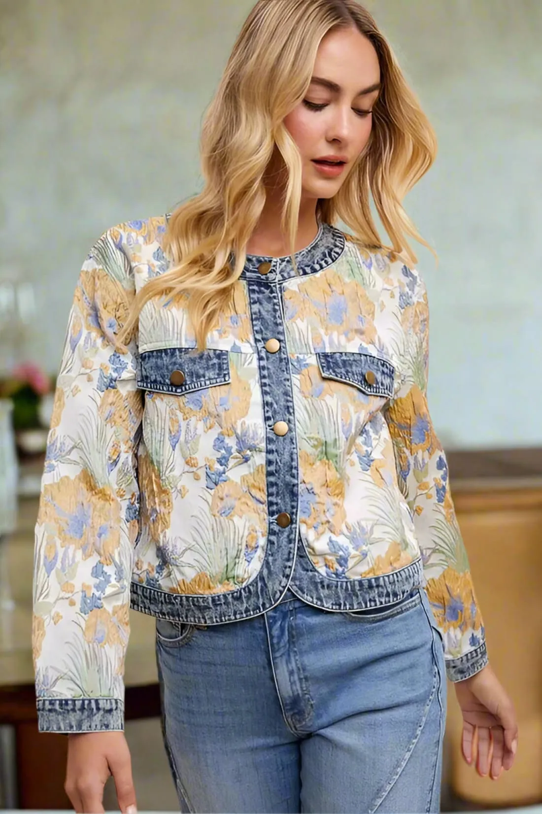 Floral Jacquard Denim Contrast Button Down Jacket