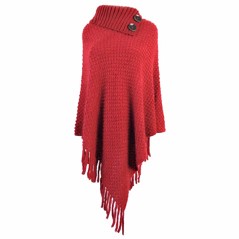 Fringed Cloak Shawl Half Open Collar Solid Color Pullover Sweater
