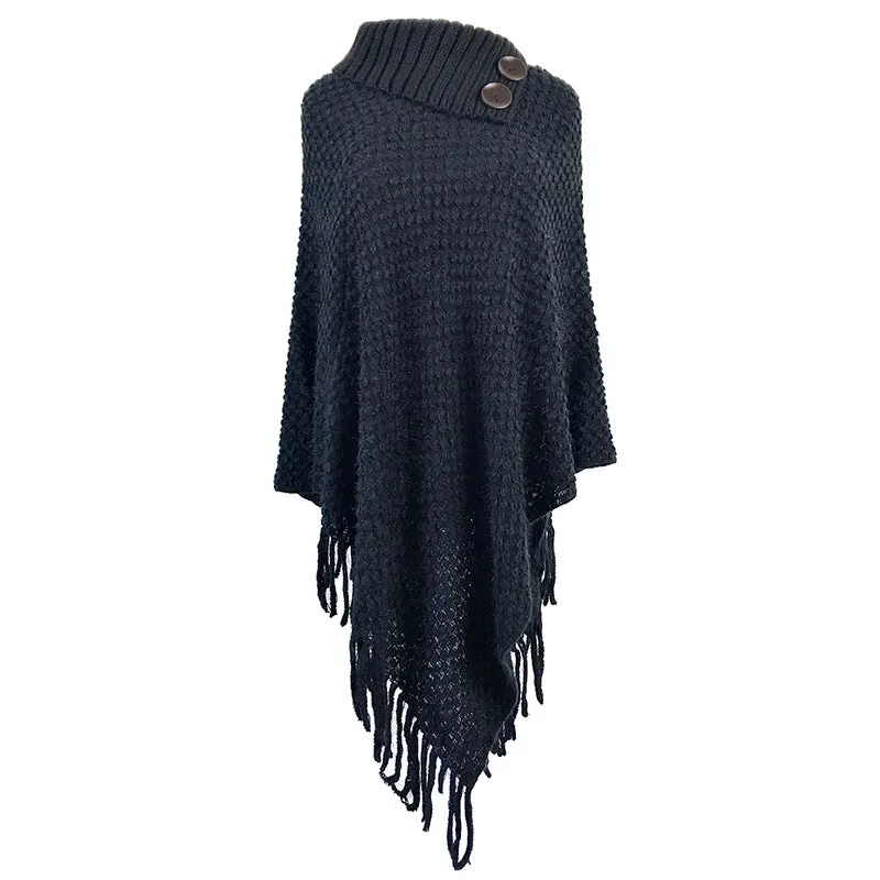 Fringed Cloak Shawl Half Open Collar Solid Color Pullover Sweater