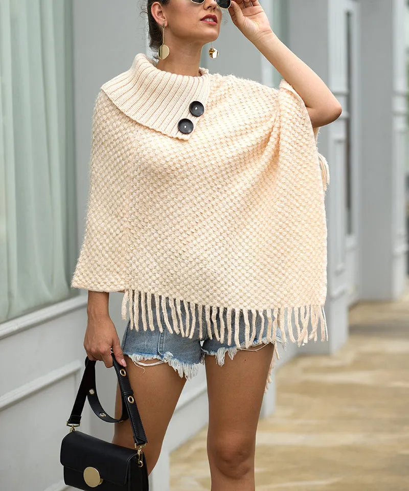 Fringed Cloak Shawl Half Open Collar Solid Color Pullover Sweater
