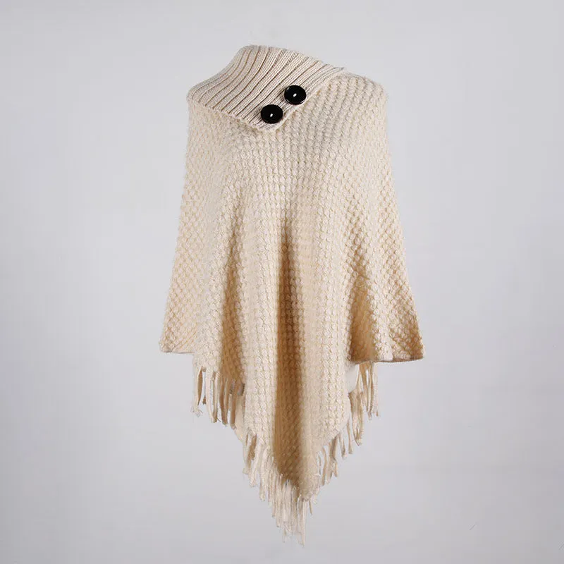 Fringed Cloak Shawl Half Open Collar Solid Color Pullover Sweater