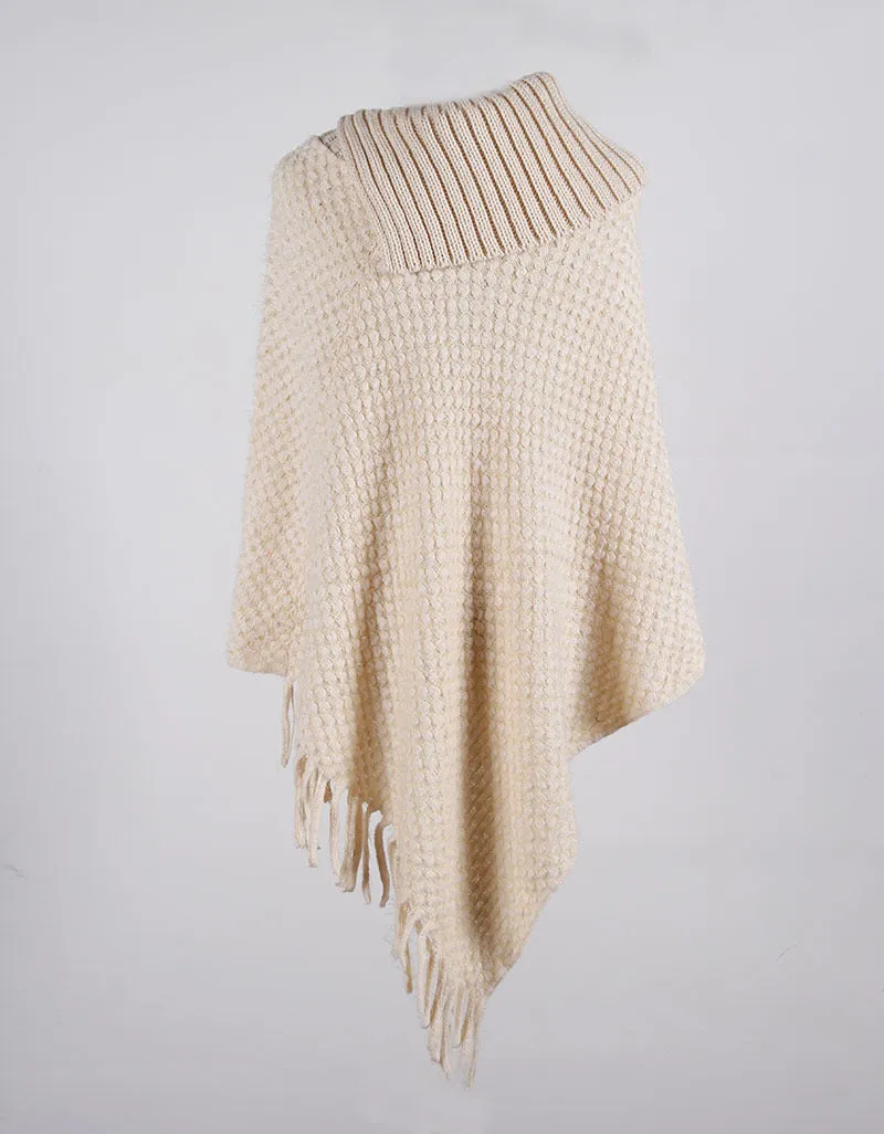Fringed Cloak Shawl Half Open Collar Solid Color Pullover Sweater