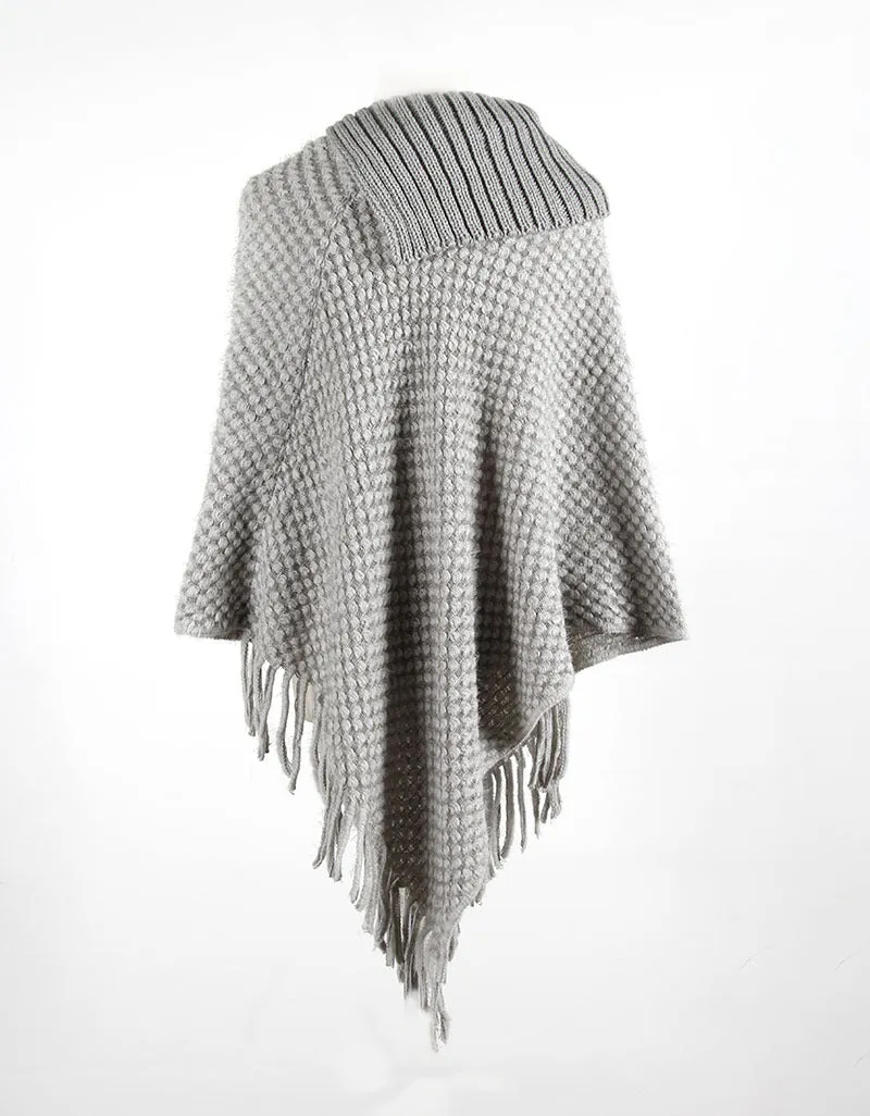 Fringed Cloak Shawl Half Open Collar Solid Color Pullover Sweater