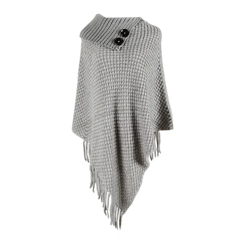 Fringed Cloak Shawl Half Open Collar Solid Color Pullover Sweater