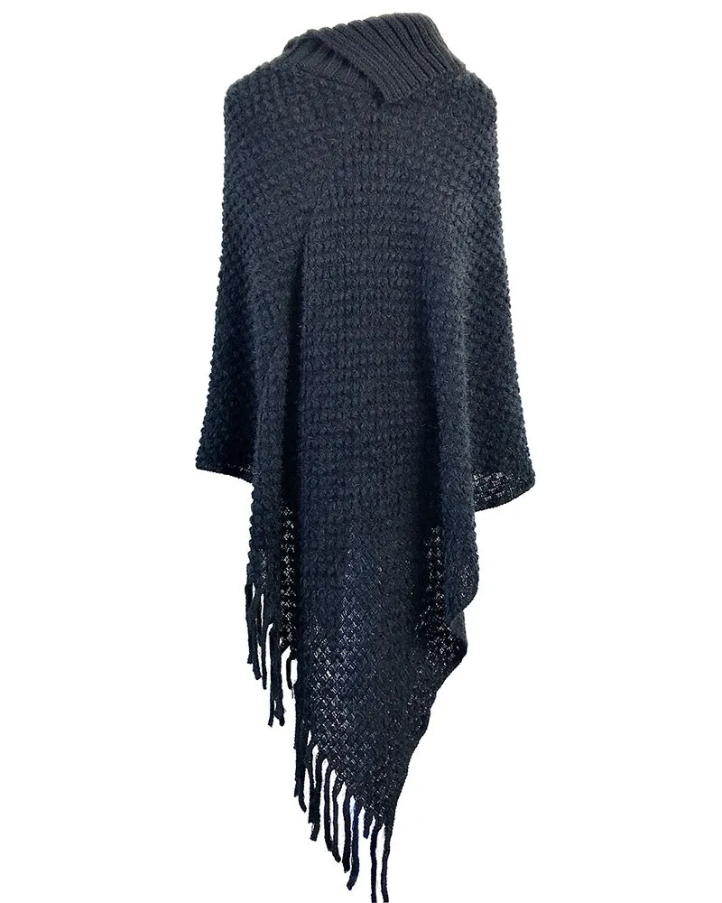 Fringed Cloak Shawl Half Open Collar Solid Color Pullover Sweater