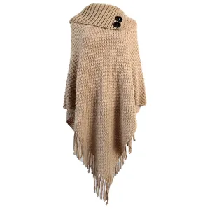 Fringed Cloak Shawl Half Open Collar Solid Color Pullover Sweater