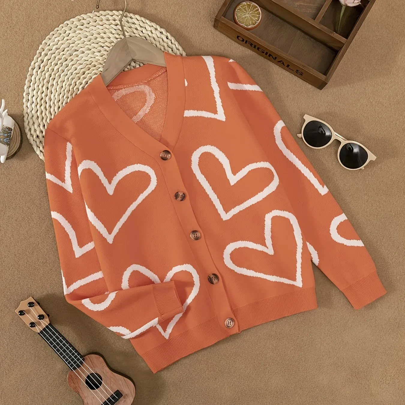 Girls Stretchy Heart Graphic Button Front Long Sleeve Cardigan For Spring Fall Christmas Gift