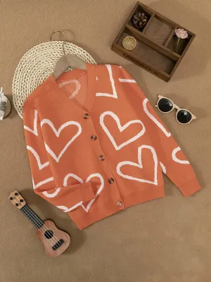 Girls Stretchy Heart Graphic Button Front Long Sleeve Cardigan For Spring Fall Christmas Gift