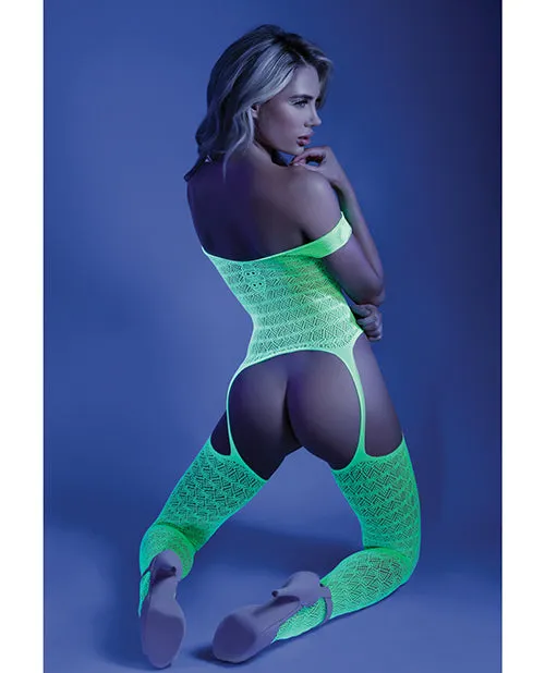 Glow Black Light Mosaic Pattern Gartered Bodystocking Neon Green O-s