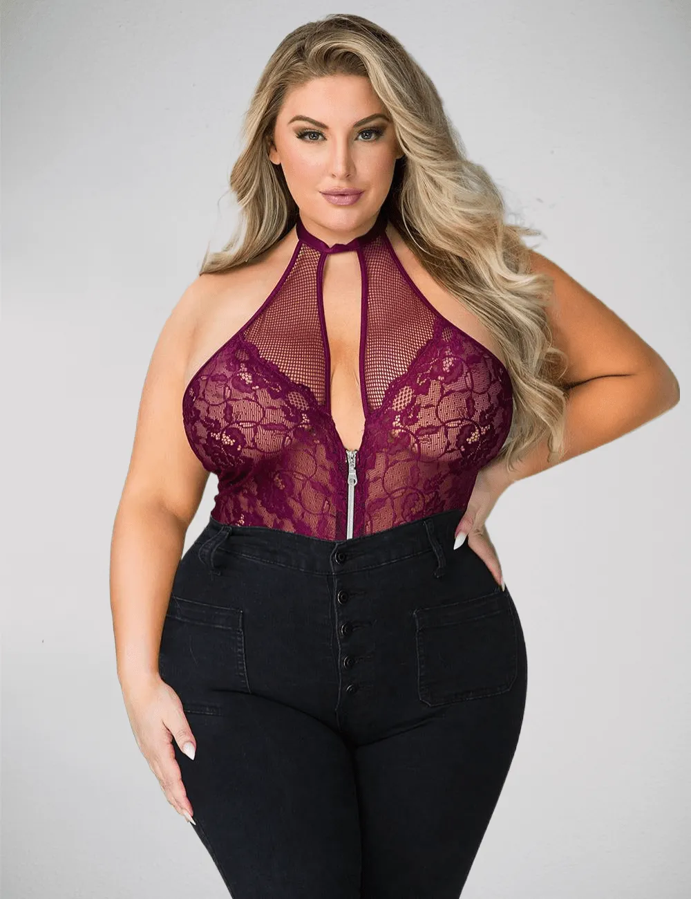 Halter Neck Zipper Teddy with Floral Lace and Mesh Fishnet